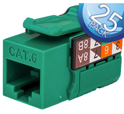 CAT6 Data Grade Keystone Jack, 8 Conductors, RJ45, 25-Pack, Green