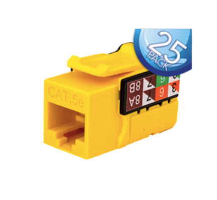 CAT5E Data Grade Keystone Jack, 8 Conductors, RJ45, 25-Pack, Yellow